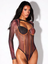 Women's Gradient Mesh Fabric Contrasting Stripes Hollow Out Asymmetrical Collar Bodysuits Halloween Part